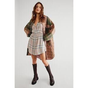 New Free People Elai Plaid Mini Shirtdress $148 X-SMALL Ivory Combo Long Sleeve